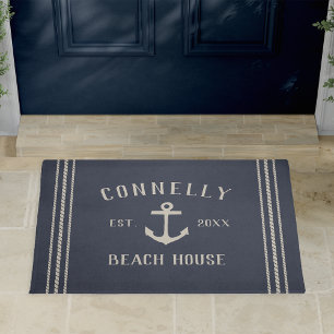 Navy   Beach House Rustic Anchor Personalised Doormat