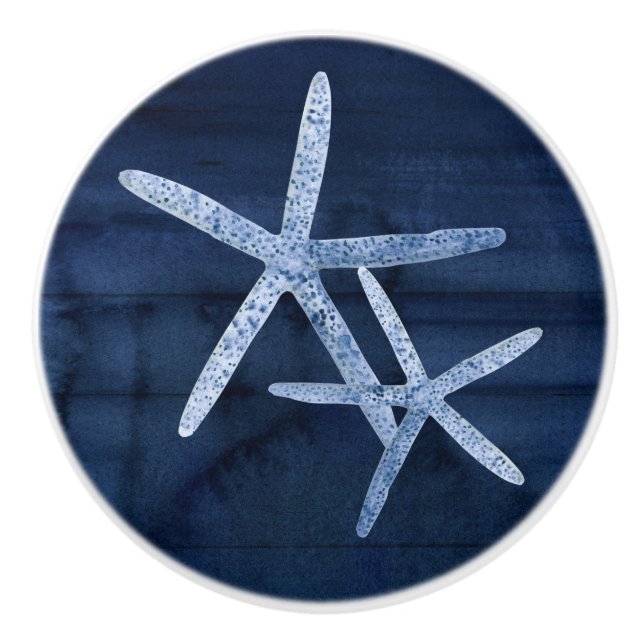 Navy Beach Starfish Shell Rustic Blue White Wood Ceramic Knob (Front)