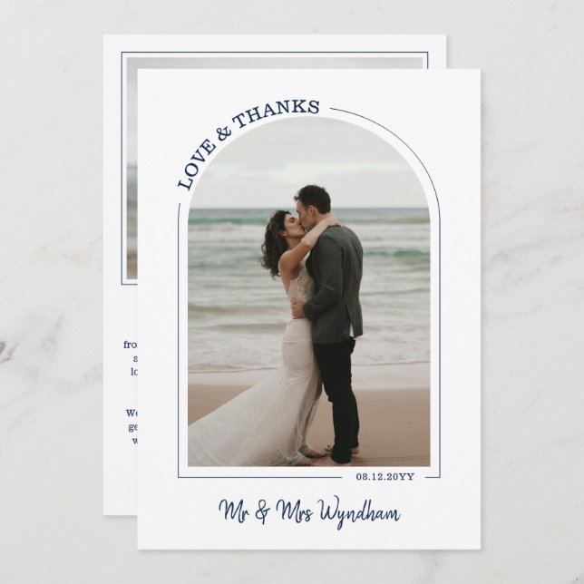 Navy Beautiful Arch Wedding Photo Love & Thanks Thank You Card (Front/Back)