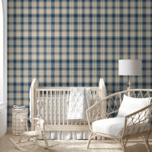 Navy Beige Railway Stripe Wallpaper