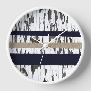 Navy / Beige / White Stripes over Peeling Wood  Clock