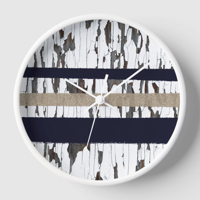 Navy / Beige / White Stripes over Peeling Wood  Clock (Front)