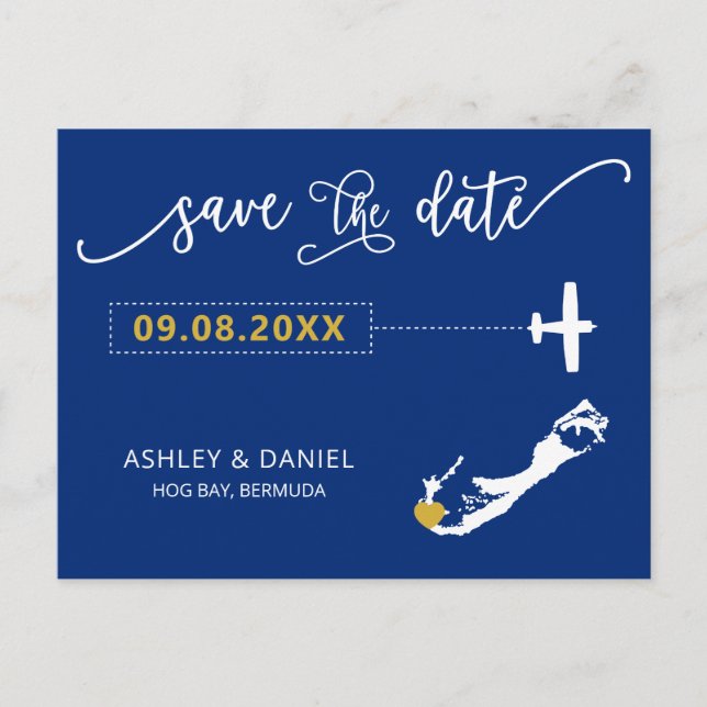 Navy Bermuda Wedding Save the Date Map Postcard (Front)