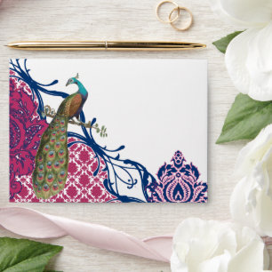 Navy & Berry Berry Elegant Damask Peacock Wedding Envelope
