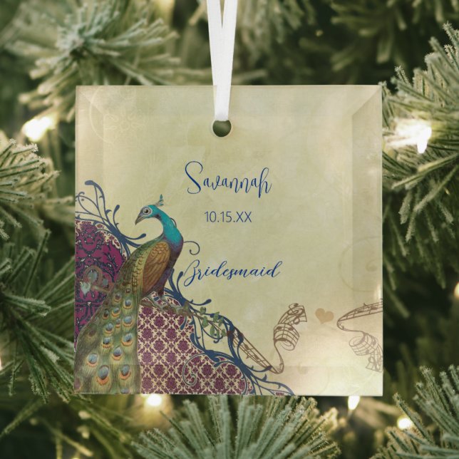 Navy & Berry Berry Elegant Damask Peacock Wedding Glass Tree Decoration (Insitu)