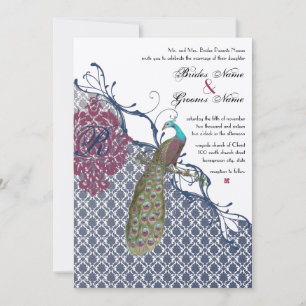 Navy & Berry Berry Elegant Damask Peacock Wedding Invitation