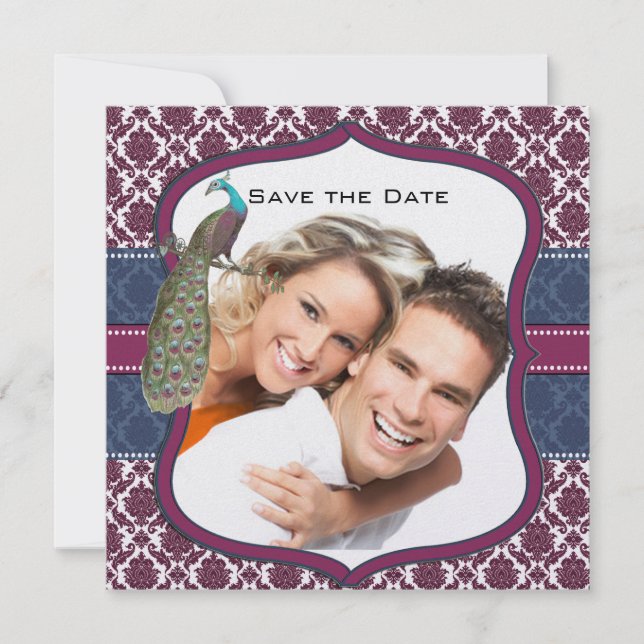 Navy & Berry Berry Elegant Damask Peacock Wedding Invitation (Front)