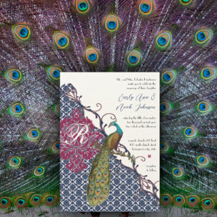 Navy & Berry Berry Elegant Damask Peacock Wedding Invitation
