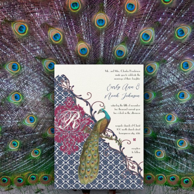 Navy & Berry Berry Elegant Damask Peacock Wedding Invitation (Creator Uploaded)