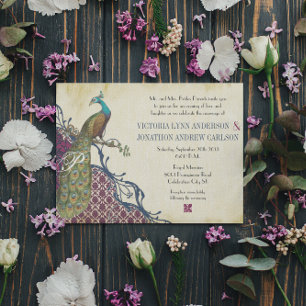 Navy & Berry Berry Elegant Damask Peacock Wedding Invitation