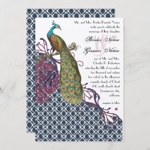 Navy & Berry Berry Elegant Damask Peacock Wedding Invitation