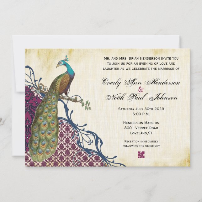 Navy & Berry Berry Elegant Damask Peacock Wedding Invitation (Front)