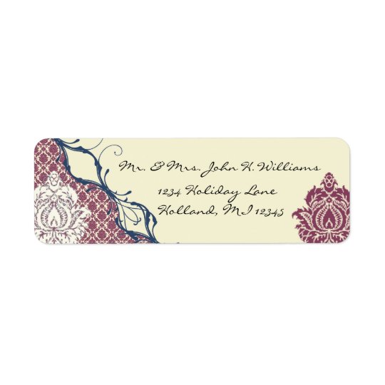 Navy & Berry Berry Elegant Damask Peacock Wedding Return Address Label