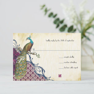 Navy & Berry Berry Elegant Damask Peacock Wedding RSVP Card