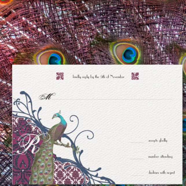 Navy & Berry Berry Elegant Damask Peacock Wedding RSVP Card (Creator Uploaded)