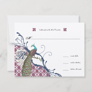 Navy & Berry Berry Elegant Damask Peacock Wedding RSVP Card