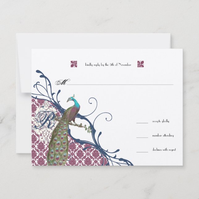 Navy & Berry Berry Elegant Damask Peacock Wedding RSVP Card (Front)