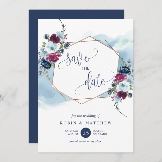 Navy, Berry, Burgundy and Blue Floral Wedding Save The Date (Front/Back)