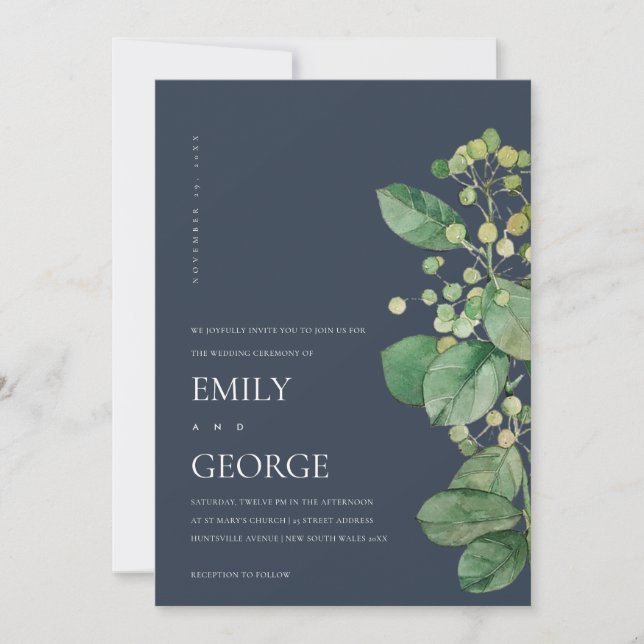 NAVY BERRY LEAVES FOLIAGE GREENERY WEDDING INVITE (Front)