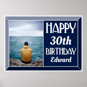 Navy Beveled Art Deco Birthday Photo Poster