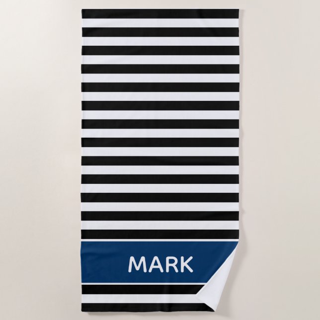 Navy Black And White Striped Name Cabana Stripe Beach Towel (Front)