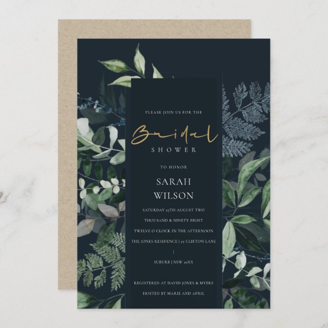 Navy Black Green Leafy Fauna Bridal Shower Invite (Front/Back)