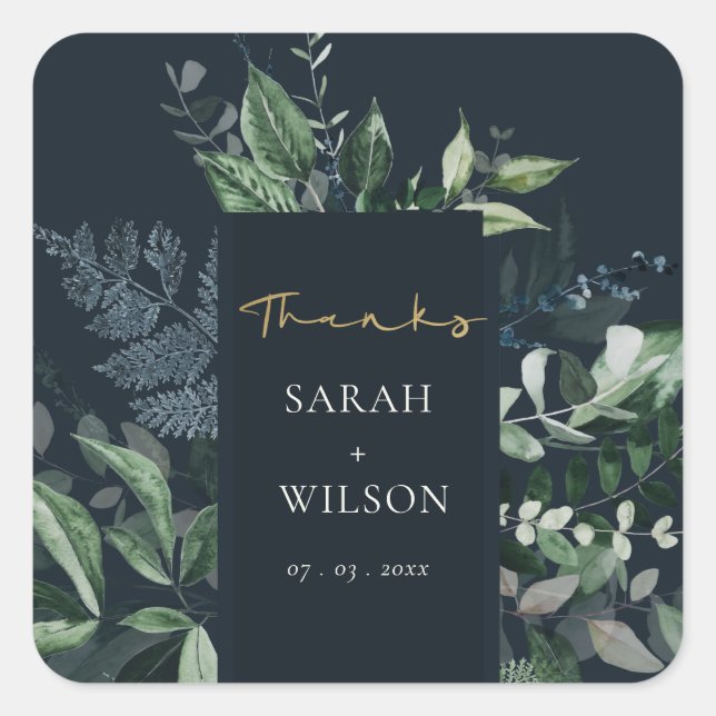 Navy Black Green Leafy Foliage Wedding Thanks  Square Sticker (Front)