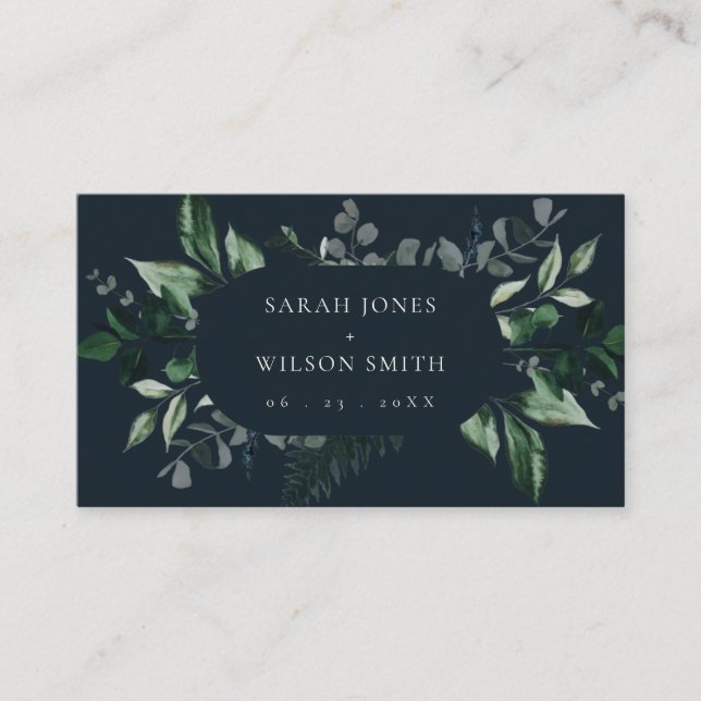 Navy Black Green Leafy Tropical Foliage Wedding Place Card (Front)