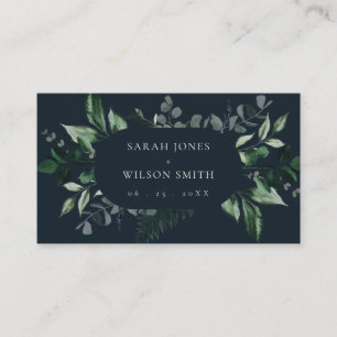 Navy Black Green Leafy Tropical Foliage Wedding Place Card