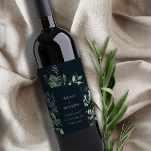 Navy Black Green Leafy Tropical Foliage Wedding Wine Label