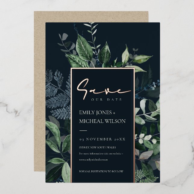 Navy Black Kraft Green Leafy Fauna Save The Date (Front/Back)