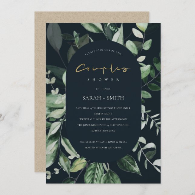 Navy Black Leafy Capsule Couples Shower Invite (Front/Back)
