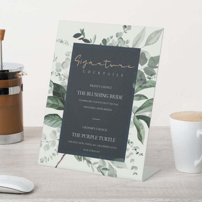 Navy Black Leafy Foliage Signature Drinks Cocktail Pedestal Sign (In SItu)