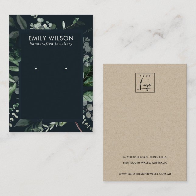 Navy Black Leafy Frame Fauna Earring Stud Display Business Card (Front/Back)