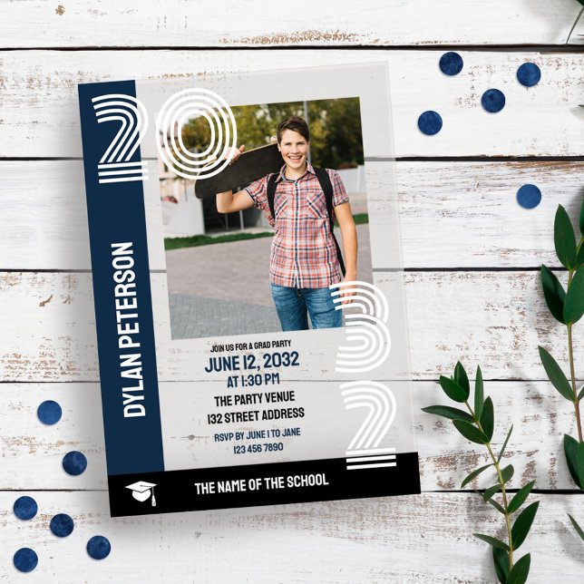 Navy Black Multiline Font Photos Graduation Party Acrylic Invitations (Creator Uploaded)