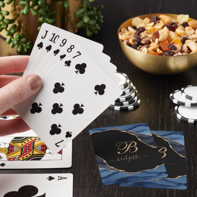 Navy Black Personalised Agate geode Monogram Playing Cards (In Situ)