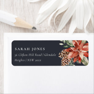 Navy Black Poinsettia Merry Christmas Pine Address Return Address Label