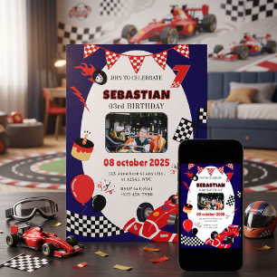 Navy Black Race Car Photo Birthday Invitation