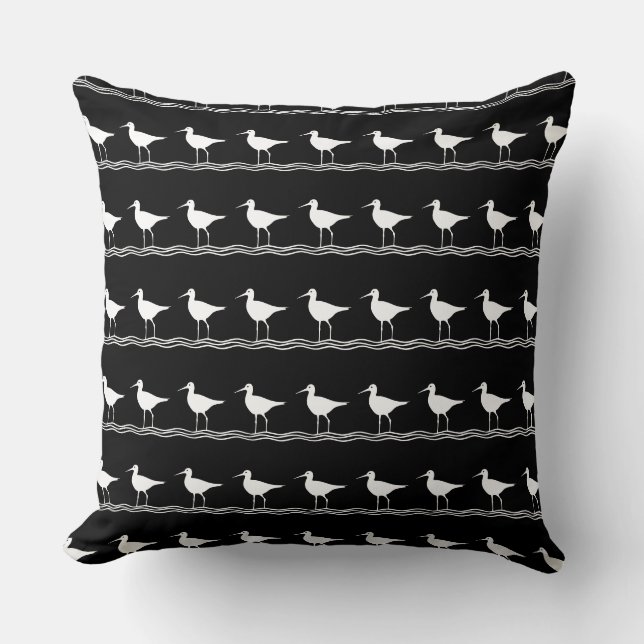 navy BLACK SAND PIPER white  PILLOW coastal (Front)