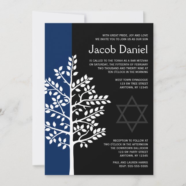 Navy Black Tree of Life Bar Mitzvah Invitations (Front)
