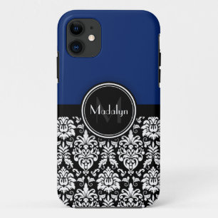 Navy Black White Damask Monogram Letter iPhone 11 Case