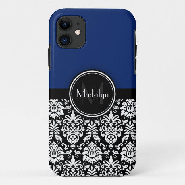 Navy Black White Damask Monogram Letter Case-Mate iPhone Case (Back)