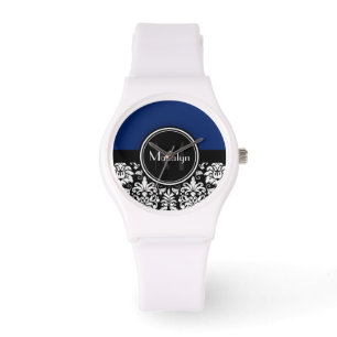 Navy Black White Damask Monogram Letter Watch