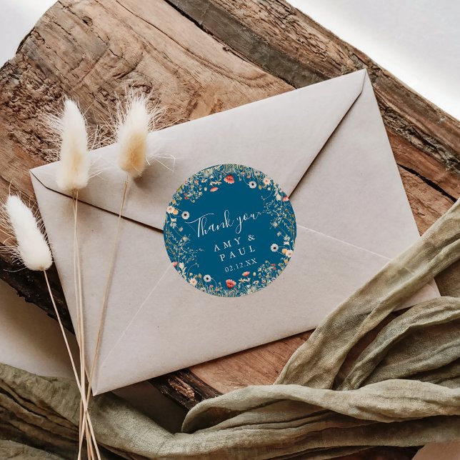 Navy Bliss Boho Wildflower Thank You Wedding Favou Classic Round Sticker (Creator Uploaded)