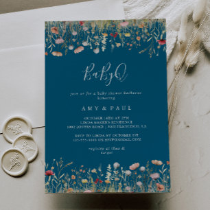 Navy Bliss Wildflower  BabyQ Baby Shower Barbecue Invitation