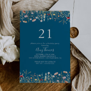 Navy Blissful Boho Wildflower 21st Birthday Party Invitation