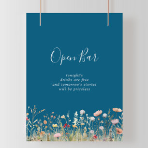 Navy Blissful Boho Wildflower Wedding Open Bar Poster