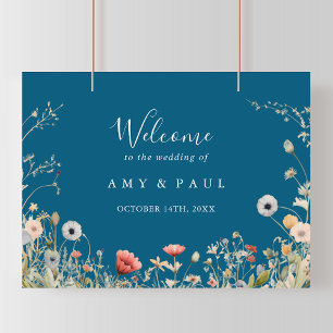 Navy Blissful Boho Wildflower Wedding Welcome Poster