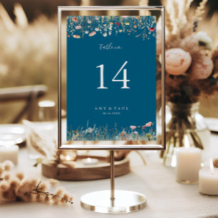 Navy Blissful Colourful Boho Wildflower Wedding Table Number