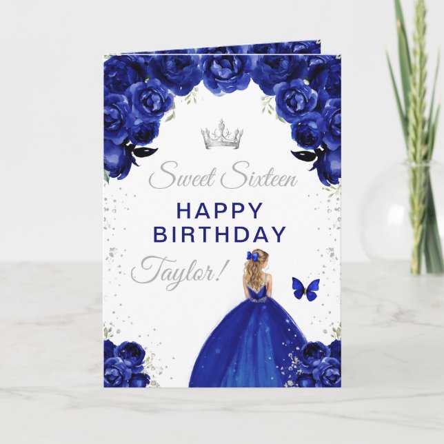Navy Blonde Hair Girl Sweet Sixteen Birthday Card (Front)